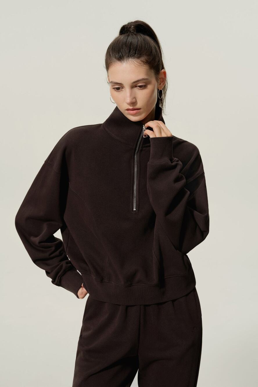 Lilysilk Heirloom '89 Half-zip Espresso Cotton Mulberry Silk Blend Pullover Sz L